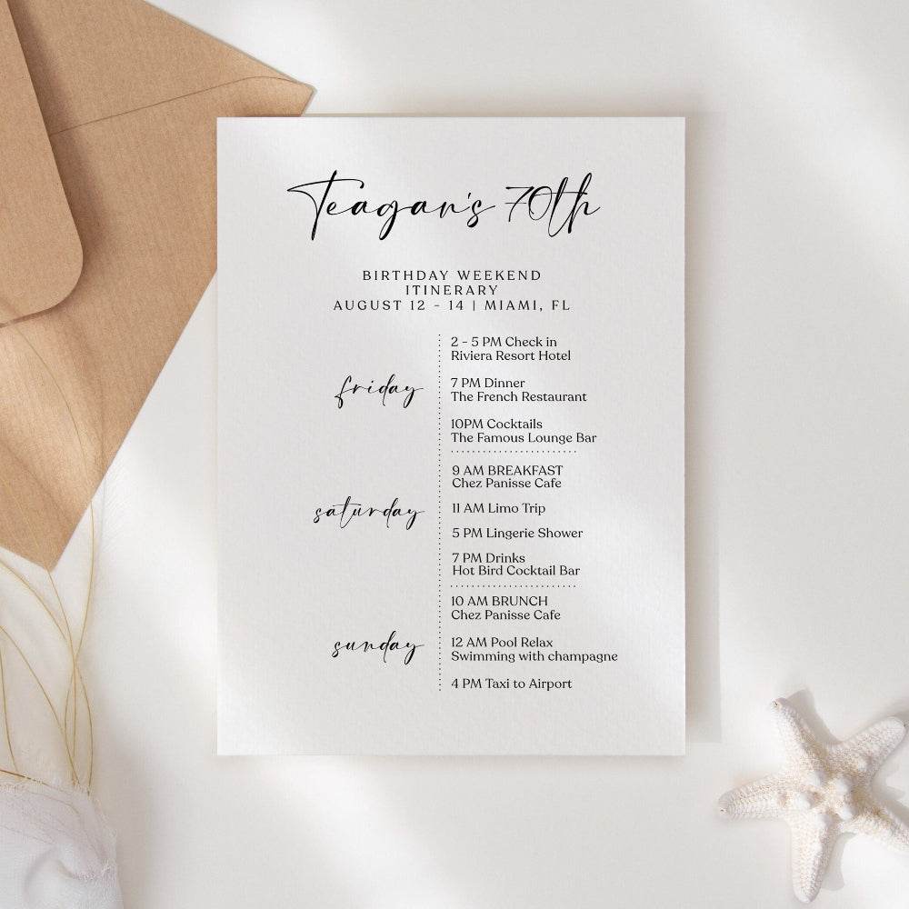 Editable Simple 70th Birthday Itinerary Template – Minimalist Weekend Schedule | Printable Modern Birthday Weekend Invitation | Any Age Digital Download