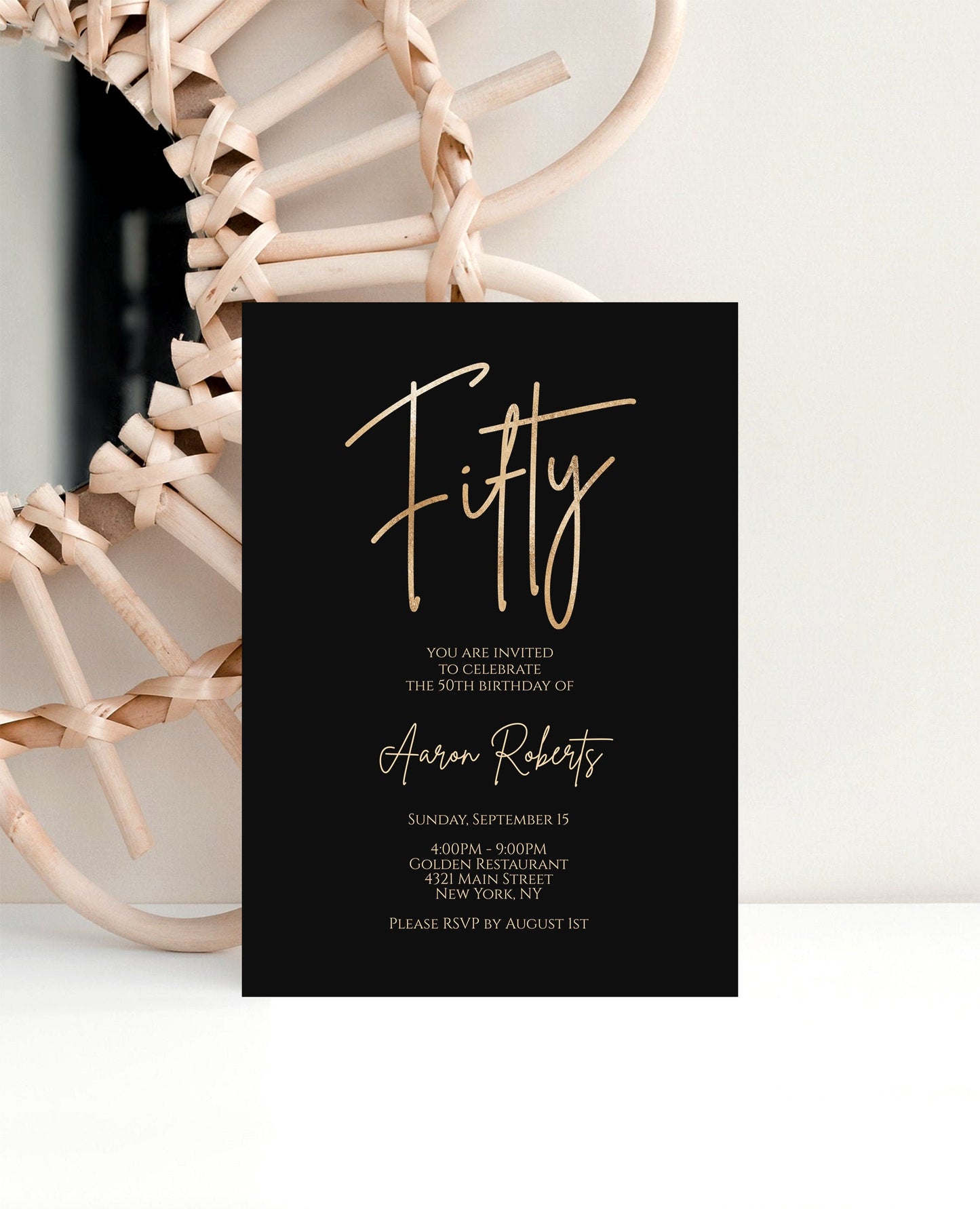 Editable Fifty 50th Birthday invitation template, Printable Black Gold Foil Birthday Invite, 5x7 Digital Card Template, Email Text Message