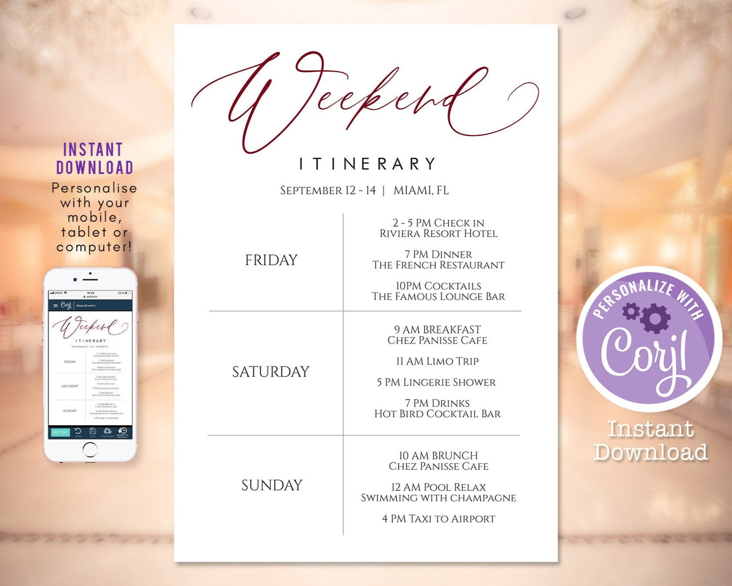 Weekend Itinerary Template, Burgundy Printable Bachelorette Itinerary, Weekend Itinerary, Birthday Weekend, Editable Hens Party DIY Digital