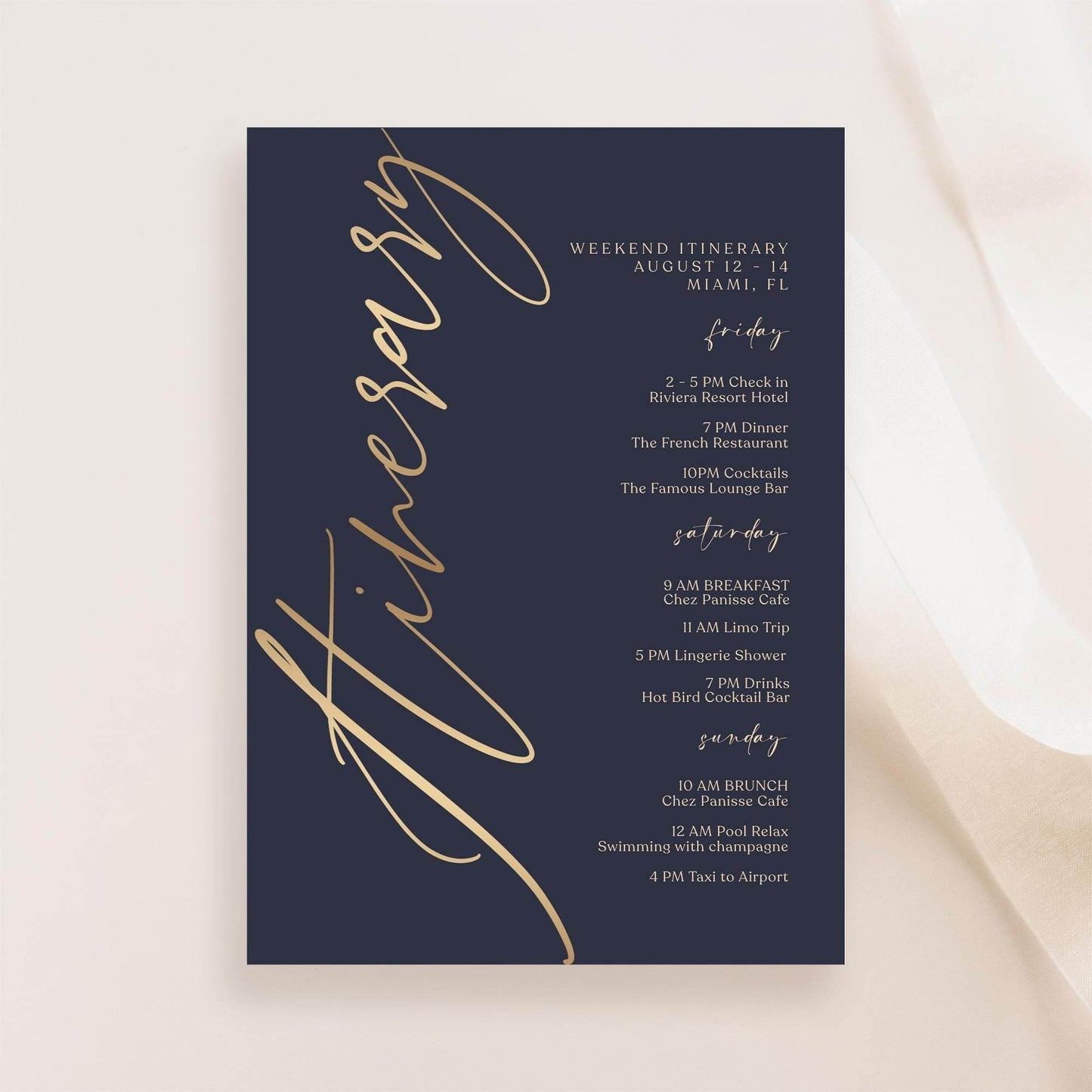 Navy Gold Weekend Itinerary Template, Editable Printable Birthday or Anniversary Weekend Schedule, Digital Events Itinerary, Instant Download, Email Text Message