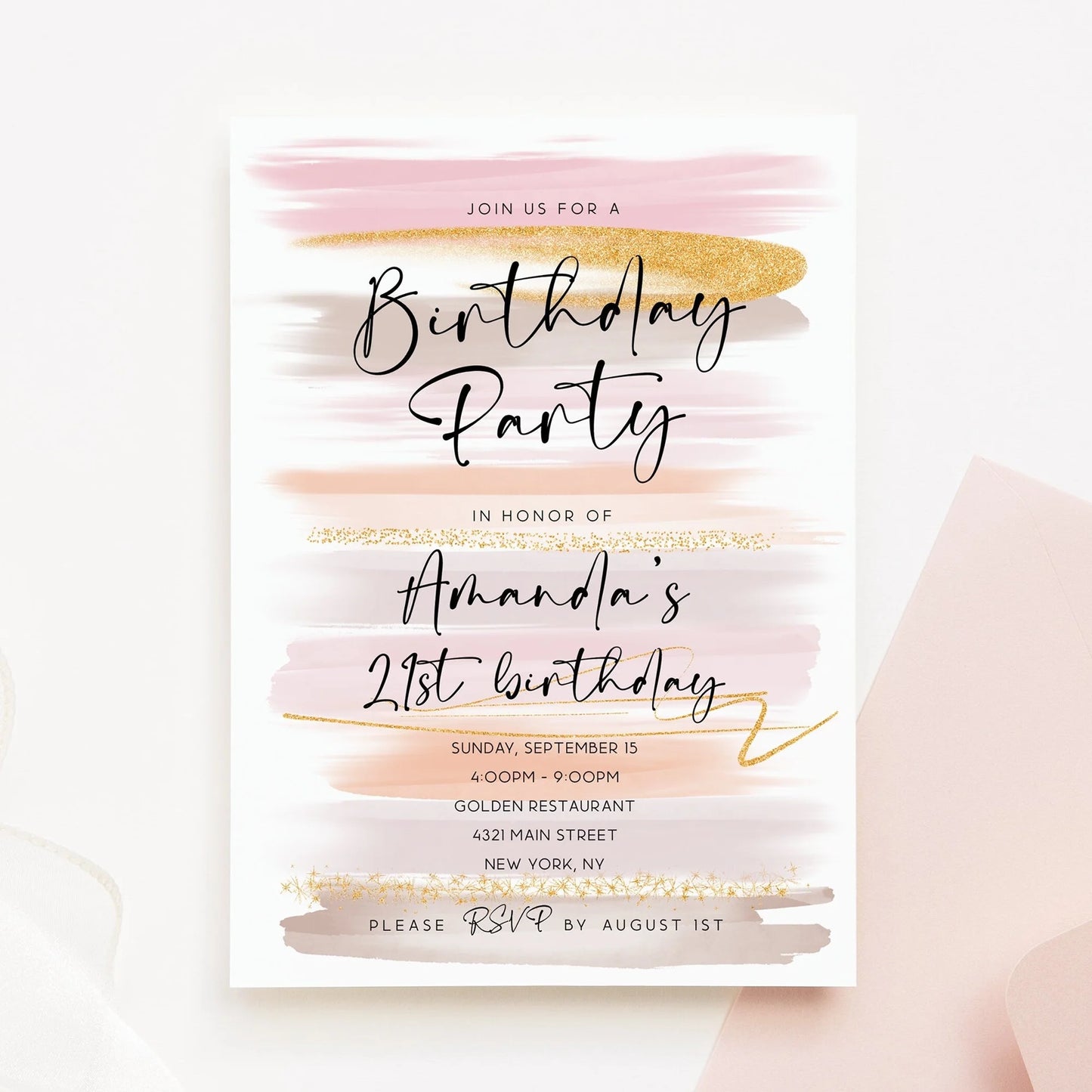 Printable Pastel Rainbow Birthday Party Invitation Template, Watercolor Gold Glitter Digital Invite, Editable 21st Birthday Party Invitation