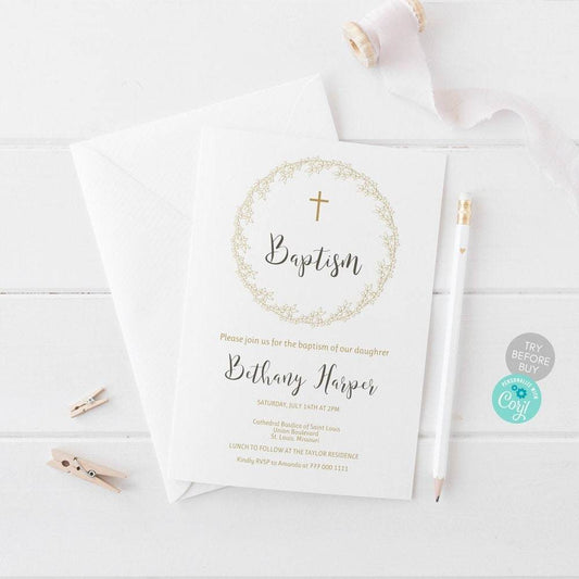 Gold Floral Girl Baptism Invitation Template, Editable Christening Invite, Instant Download, Printable Baptism Card for Baby Girl