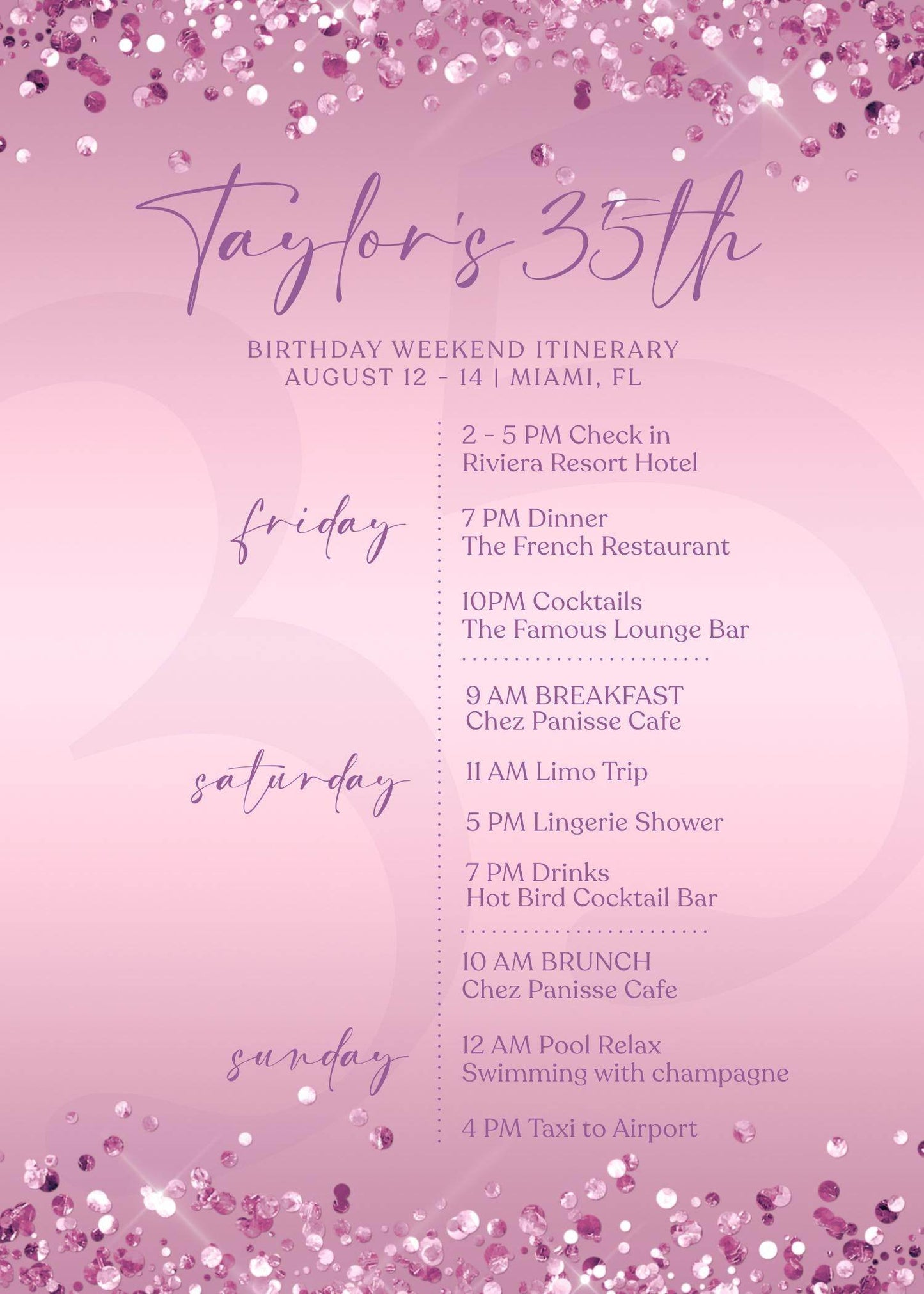 Editable Purple Any Age Woman Birthday Itinerary Template, Printable Lavender Woman Itinerary, Ladies Weekend Itinerary, Email Text Message