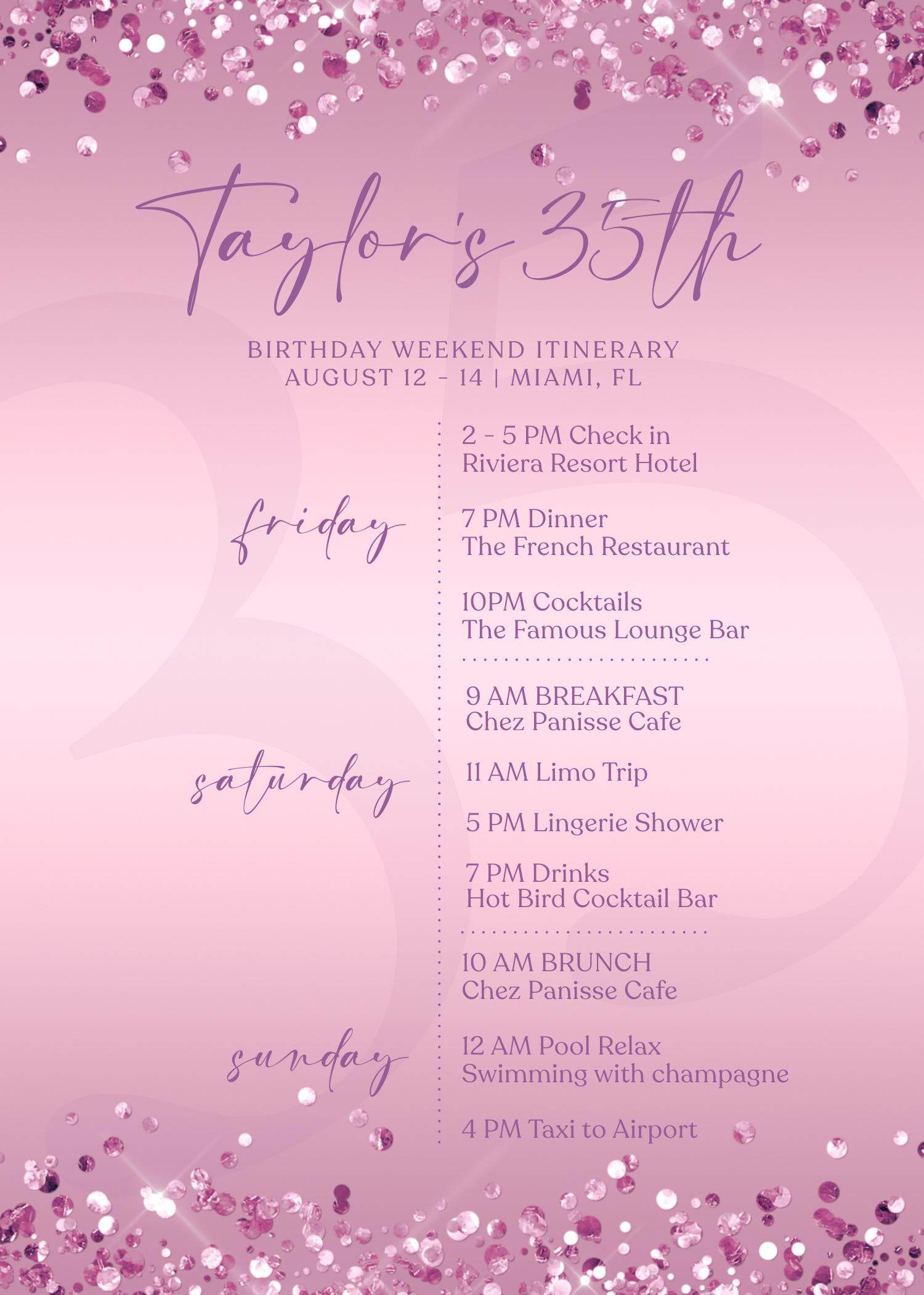 Editable Purple Any Age Woman Birthday Itinerary Template, Printable Lavender Woman Itinerary, Ladies Weekend Itinerary, Email Text Message