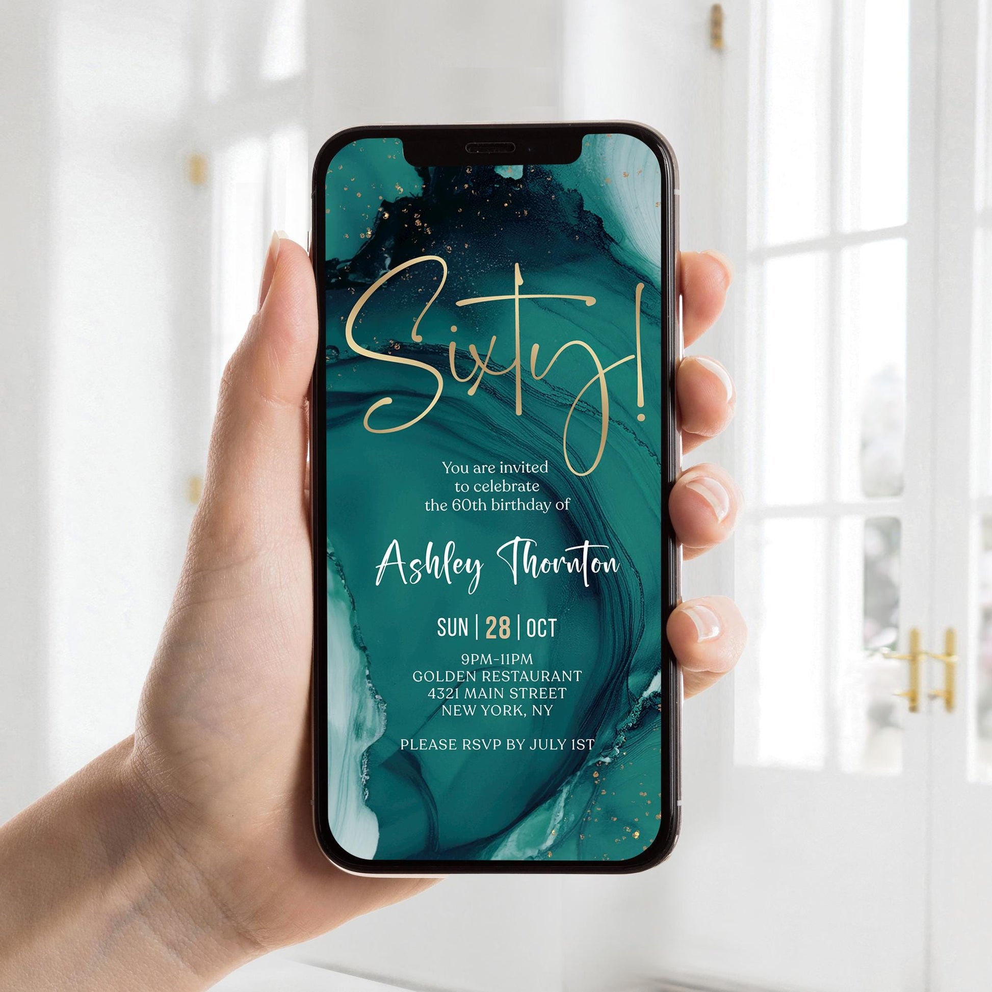 Teal Gold Sixty 60th Birthday Invitation Template, Digital Any Gender Invite, Electronic Self Editable Template eCard, Text Message Evite