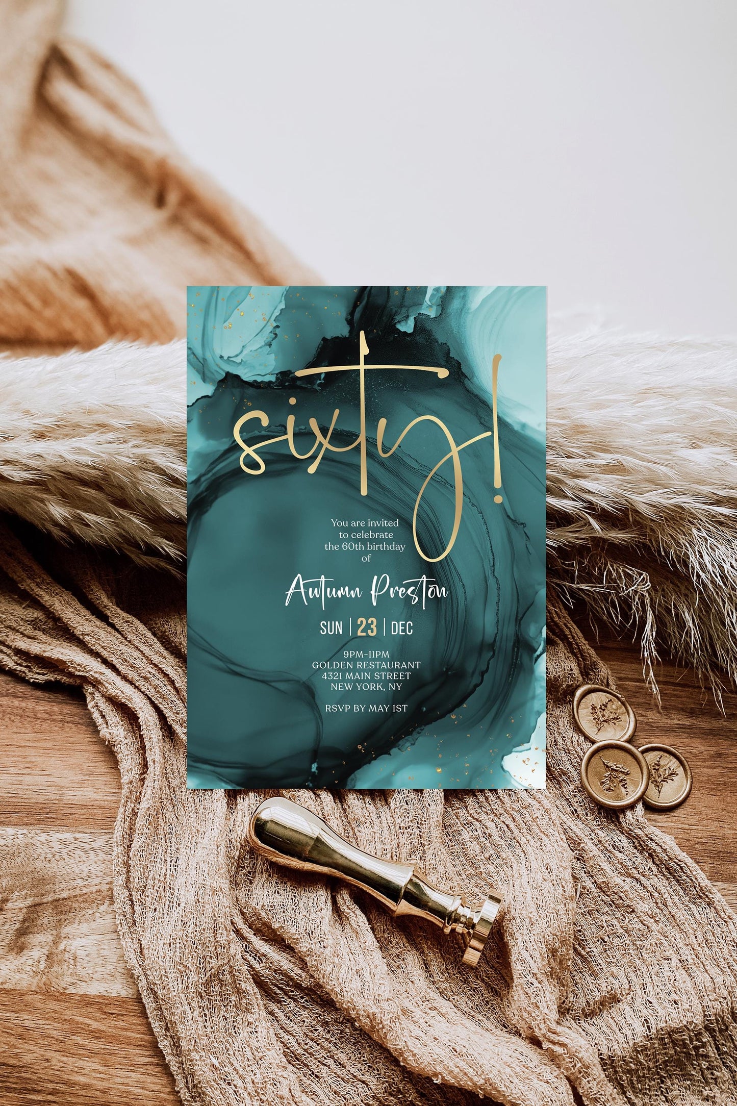 Teal Turquoise & Gold 60th Birthday Invitation Template | Editable Surprise Party Invite | Printable Milestone Evite | Digital Instant Download