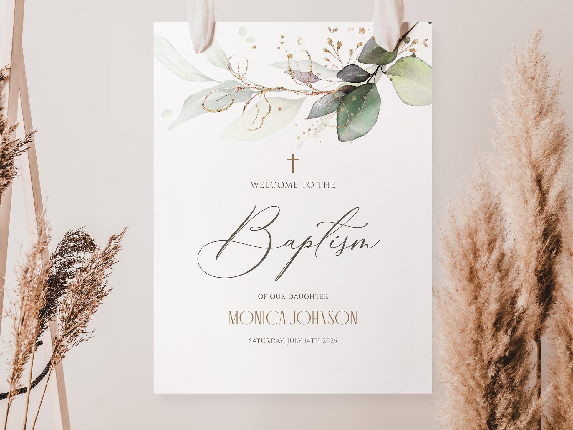 Editable Baptism Welcome Sign Template, Greenery Eucalyptus Leaves, Printable Boy Or Girl Christening Welcome Poster Board, Baptism Decor