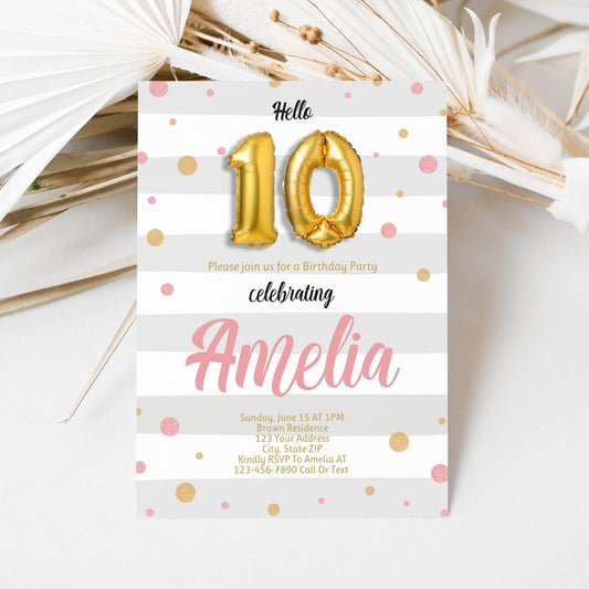 Editable 10th Birthday Invitation Girl, Hello 10 Party Balloons, Pink Gold Glitter Printable Invite, Digital Download Birthday Template