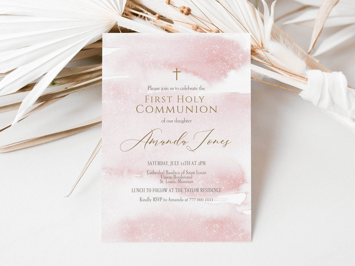 Pink Watercolor First Communion Invitation Template, Printable Girl First Holy Communion Invite, Editable Invitation Template, Text Message