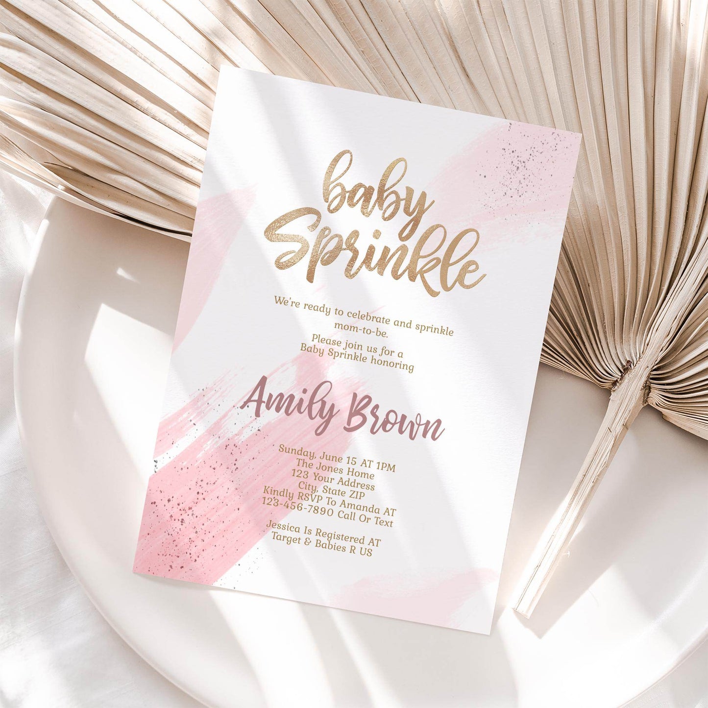 Girl Baby Sprinkle Invitation Template Printable, Gold Pink Baby Sprinkle Invite, Editable Girl Baby Shower Card, Email Text Message