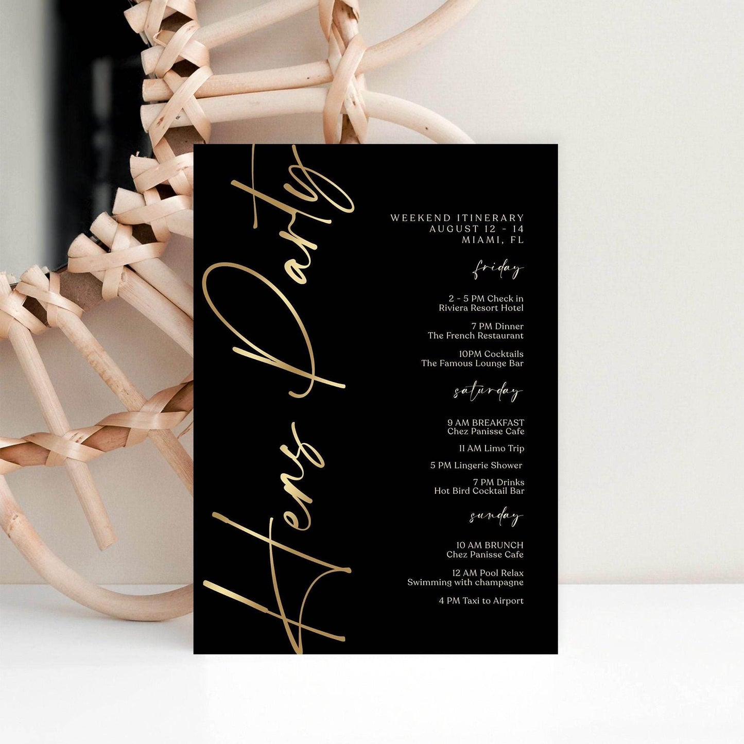 Editable Black Gold Hens Party Weekend Itinerary Template – Printable Bachelorette Weekend Schedule | Digital Event Planner | Instant Download
