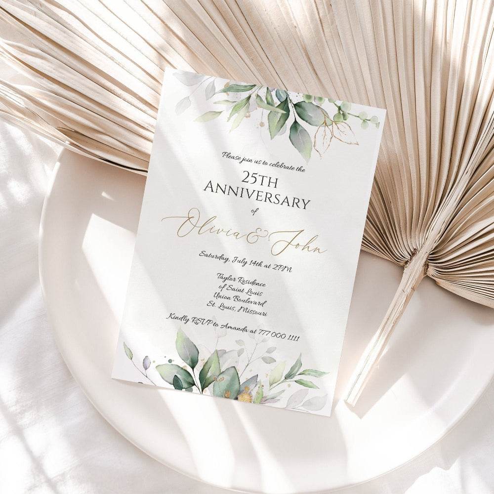 Greenery & Gold Foil Anniversary Party Invitation – Editable 5x7 Printable Template | Foliage 25th, 30th, 40th, 50th Anniversary Invite | Instant Download