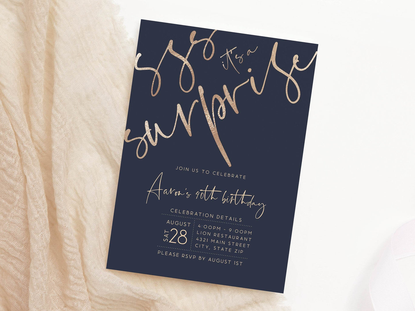 Printable Shhh it's a surprise Birthday Invitation Template, 40th Forty Navy Gold Birthday Party Invite, DIY Editable Invitation Template