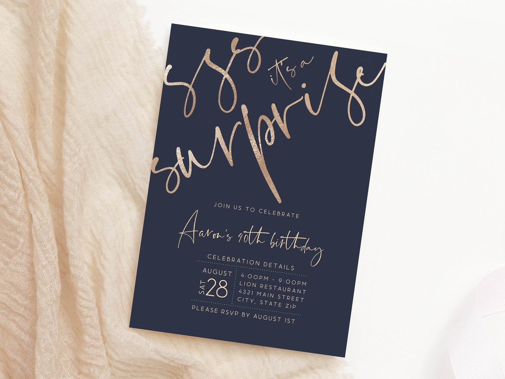 Printable Shhh it's a surprise Birthday Invitation Template, 40th Forty Navy Gold Birthday Party Invite, DIY Editable Invitation Template
