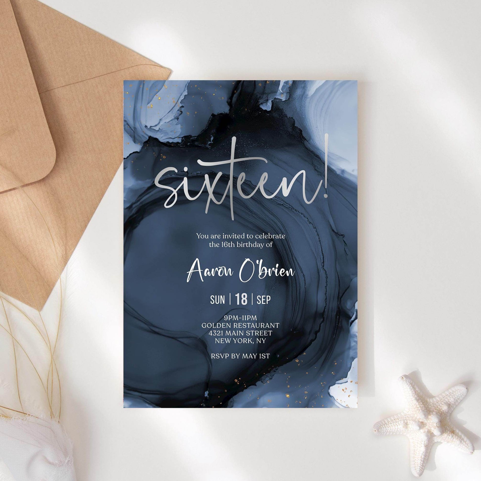 Blue Navy Silver 16th Sixteen Birthday Invitation Template, Printable Boy Birthday Party Invite, Editable Surprise Invite, Digital Download