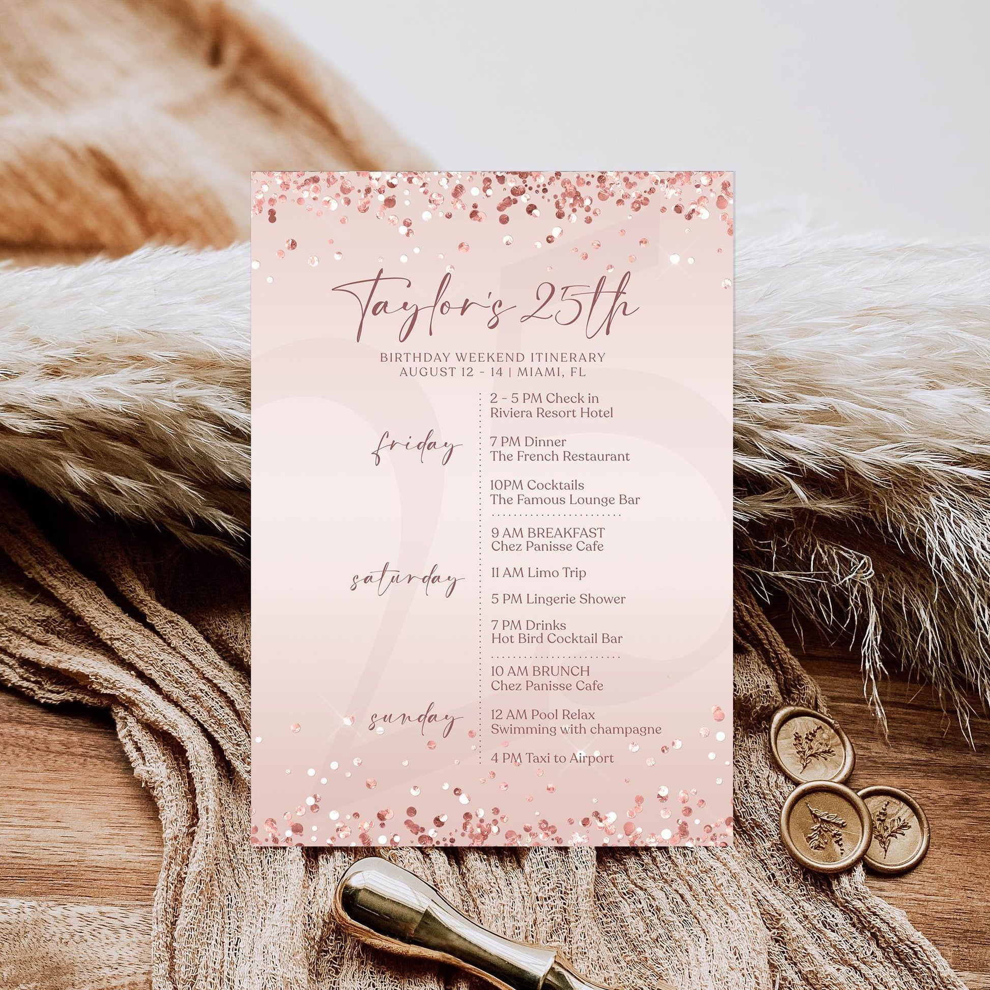 Editable Rose Gold Ladies Birthday Itinerary Template, Printable Woman Party Any Age Itinerary, Luxury Weekend Itinerary, Email Text Message