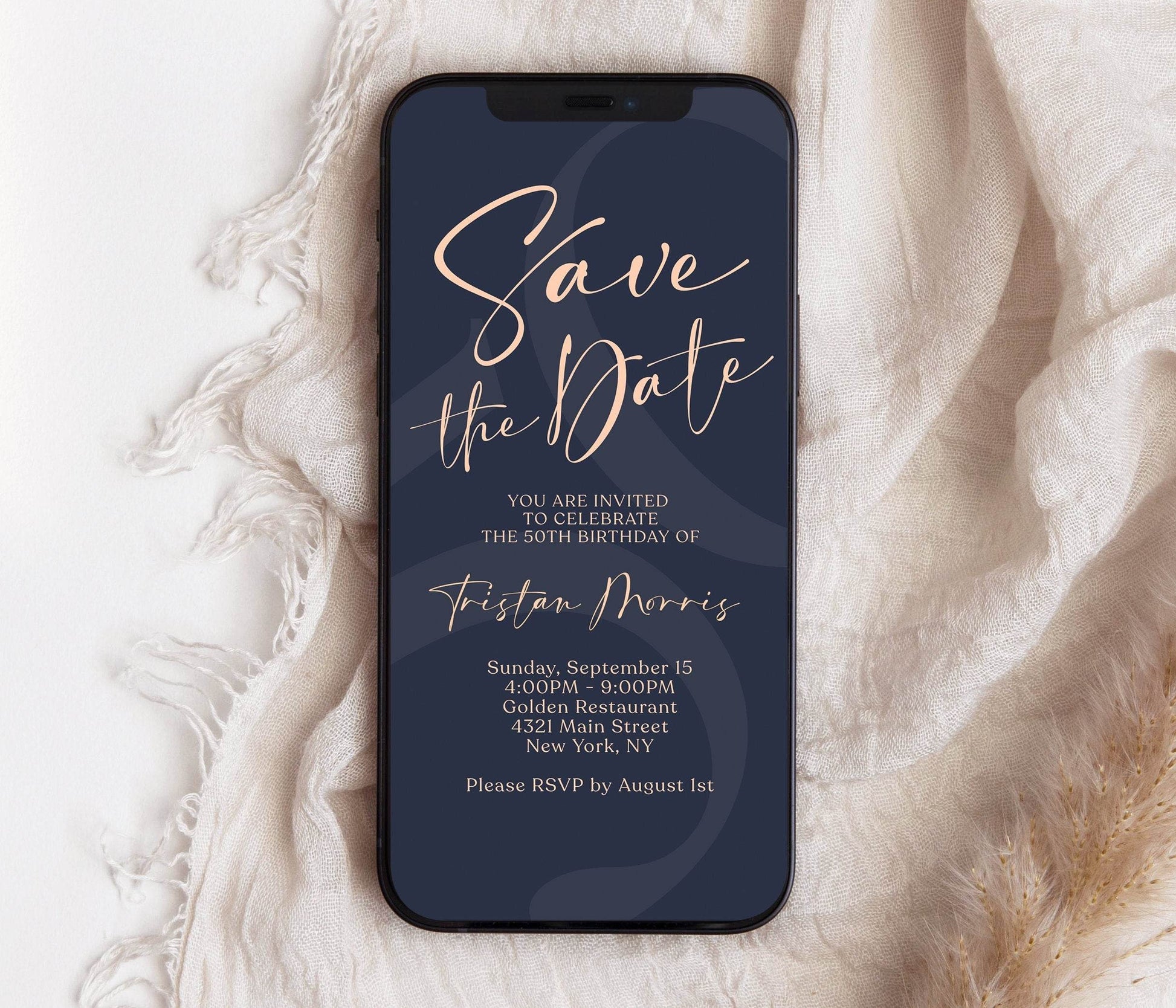Navy Rose Gold 50th Birthday Invitation, Digital Save the Date Evite, Editable 50th Phone Text Message Invite, Instant Download