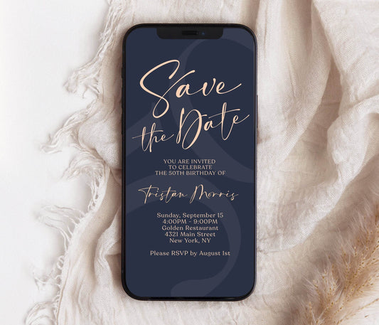 Navy Rose Gold 50th Birthday Invitation, Digital Save the Date Evite, Editable 50th Phone Text Message Invite, Instant Download