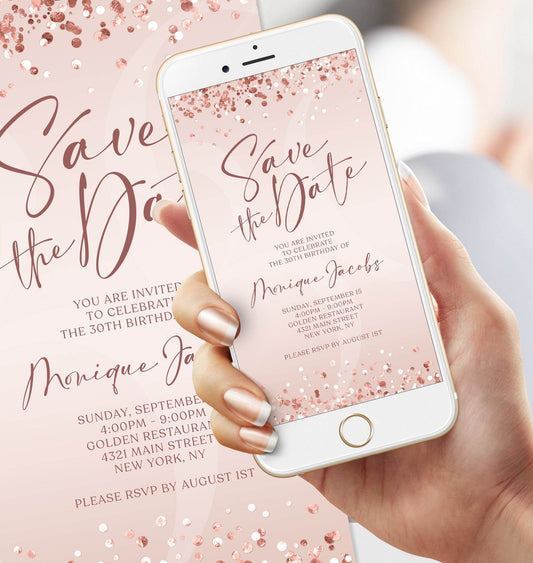 Electronic Rose Gold Foil Save The Date Invitation | Editable Digital Birthday Invite | 40th Forty Save The Date Evite | Any Age Custom Template | Instant Download