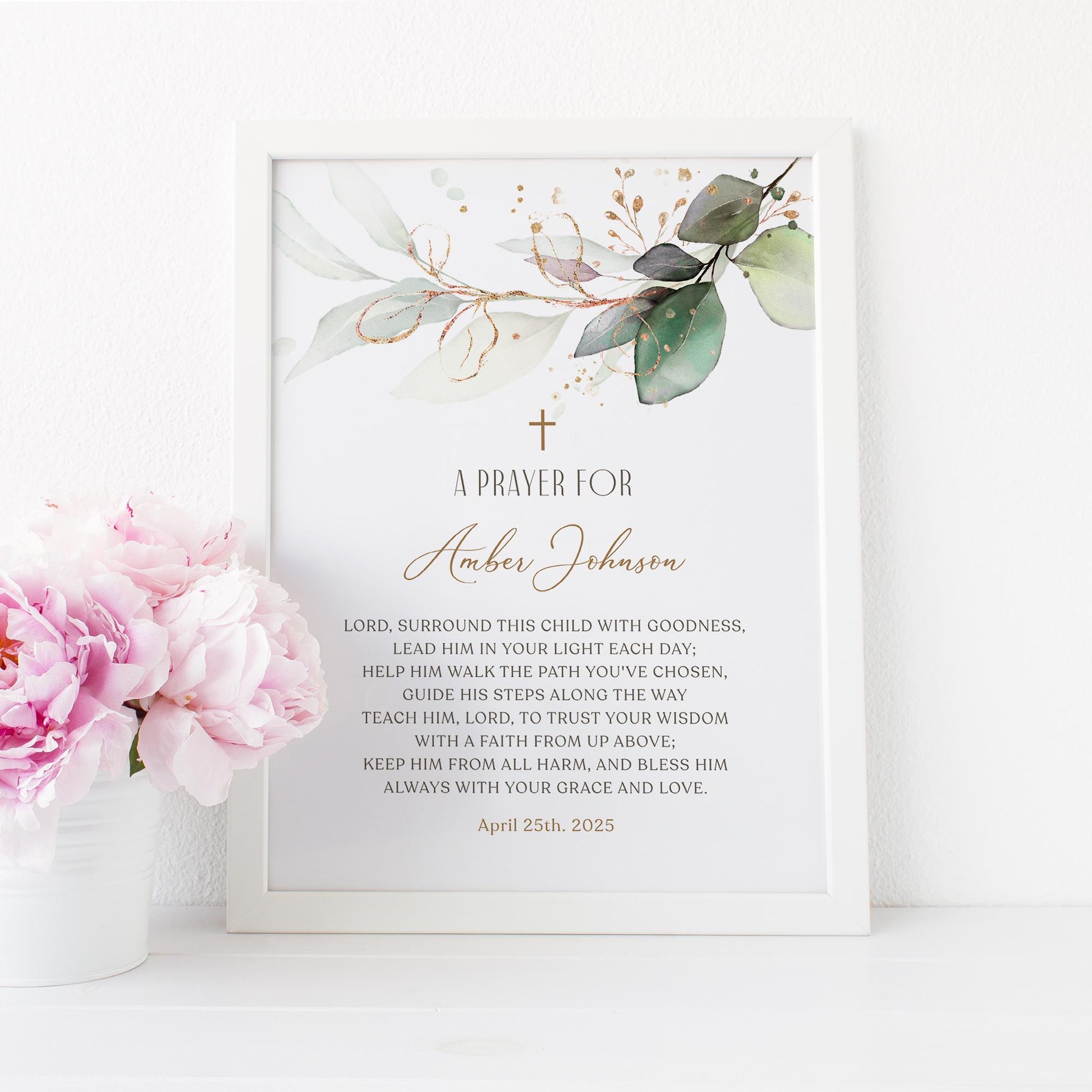 Editable Baptism Prayer Sign 8x10 Template, Greenery Baptism Prayer Sign, Christening Prayer Sign, Printable Baptism Poster, First Communion