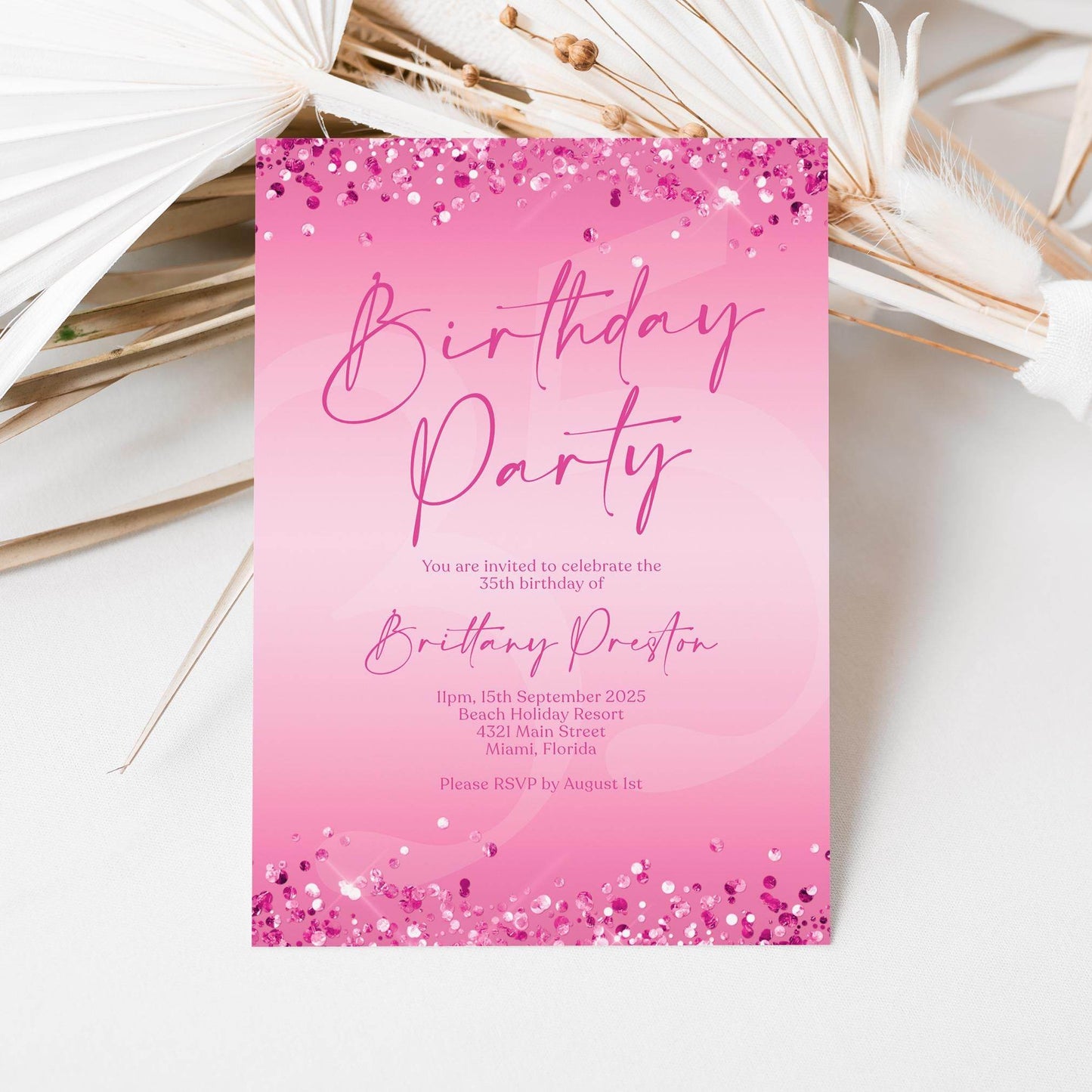 Fuchsia Pink Birthday Party Editable Invitation Template, Printable Birthday Invite, Ladies Email Text Message Invitation, Any Age Birthday