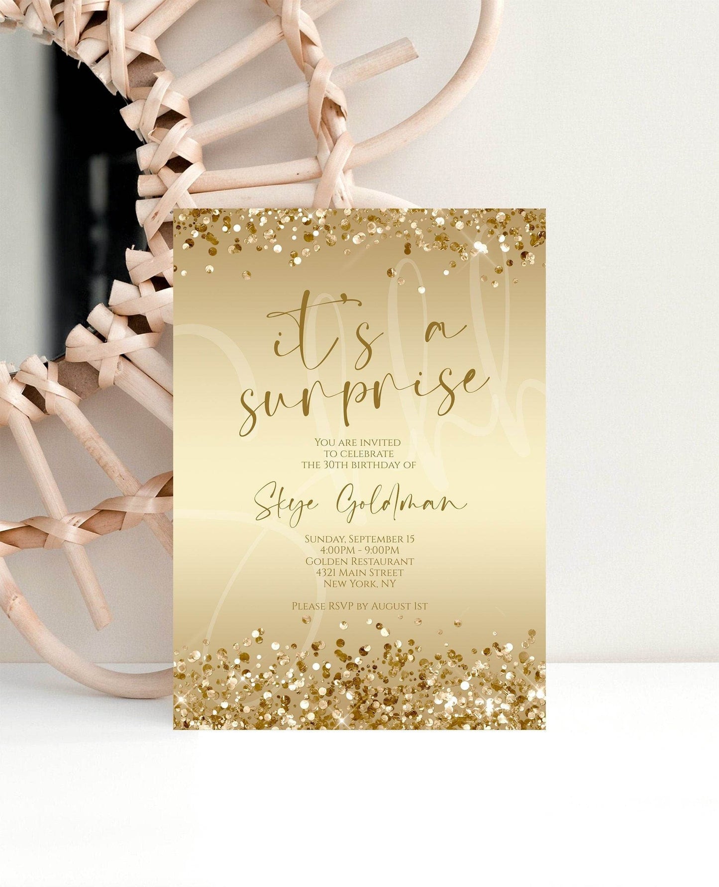 Printable Surprise Birthday Invitation, Gold Glitter Confetti Invite Template, Editable Luxury Birthday Party Invite, Instant Download