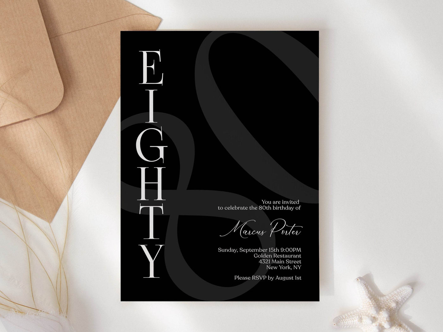 Minimalist Simple Black 80th Eighty Birthday Invitation Template, Editable Any Age Men Invitation, Email Text Message, Printable Invitation