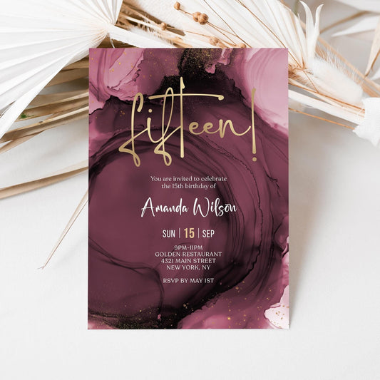 15th Birthday Invitation Template | Editable Surprise Invite | Gold Foil Design