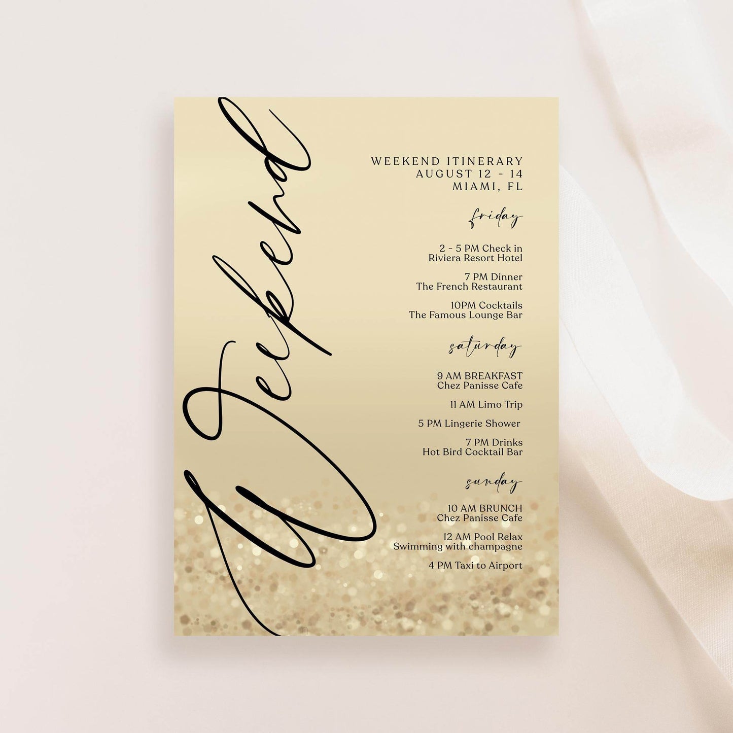 Weekend Itinerary Template – Editable Gold Birthday or Bachelorette Weekend Schedule | Printable Hen Party Itinerary | Text Message Digital Download