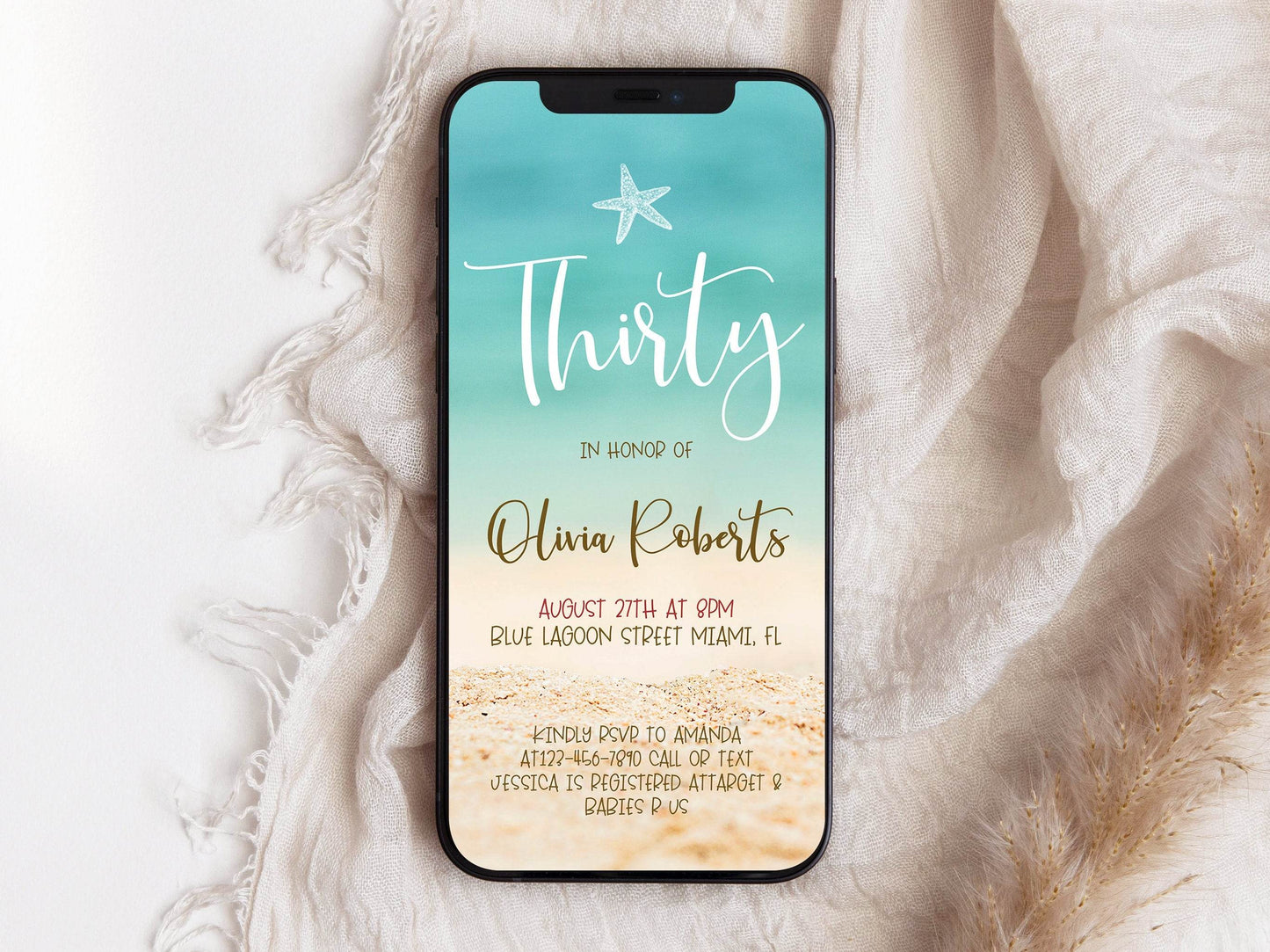 30th Birthday Beach Party Invitation, Digital Thirty Beach Evite, SMS Text Message Invite, Editable Phone Birthday Invitation, Instant Download