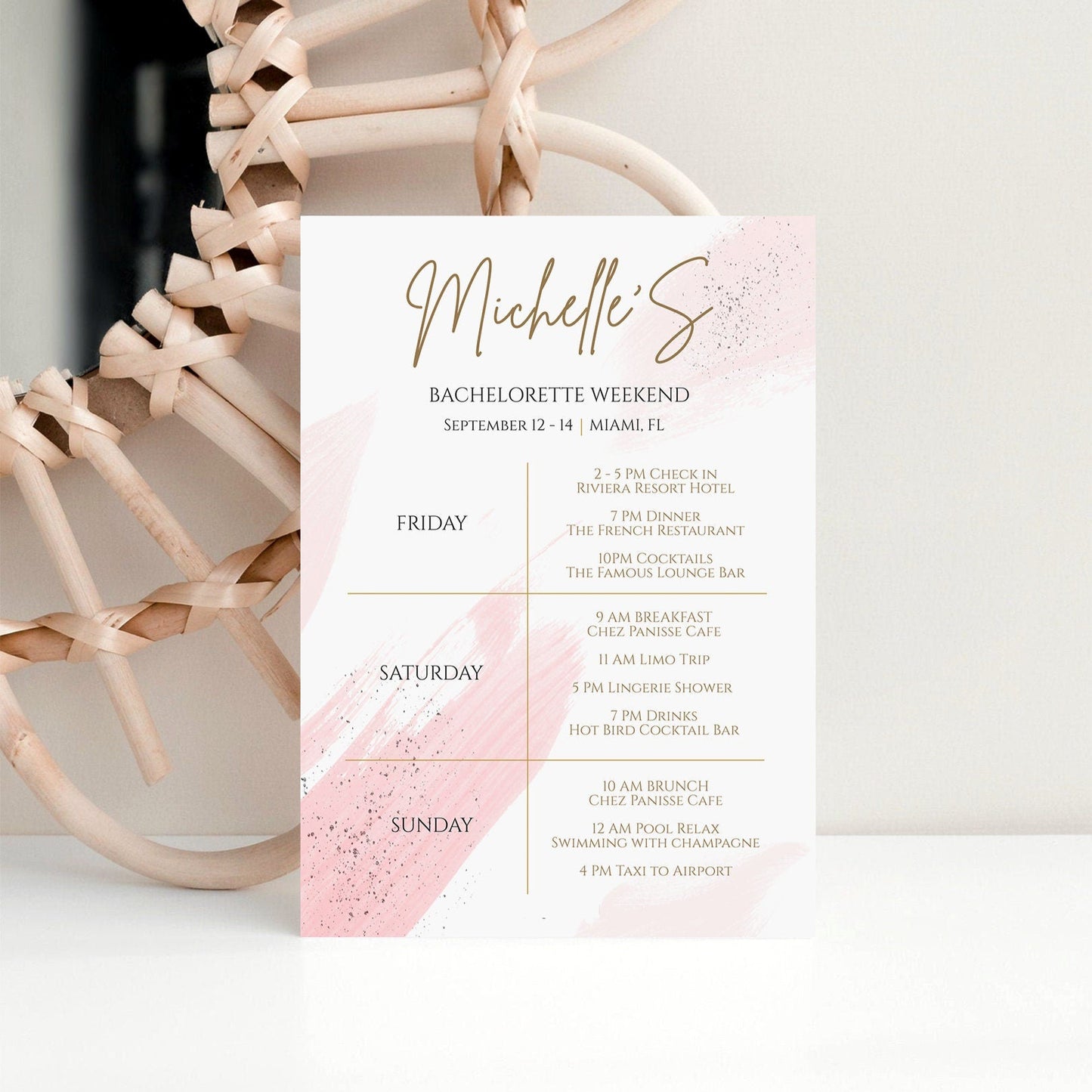 Bachelorette Weekend Itinerary Invitation, Pink Watercolor Bachelorette Invitation with Itinerary, Girl Party Invite Event Schedule Editable