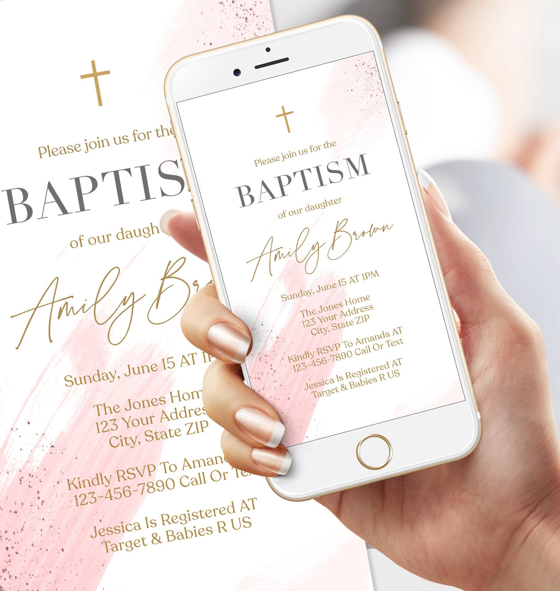 Digital Baptism Invitation Template for Girls | Pink Watercolor Christening Evite | Editable Electronic Invite | Text Message Baptism Card | Instant Download
