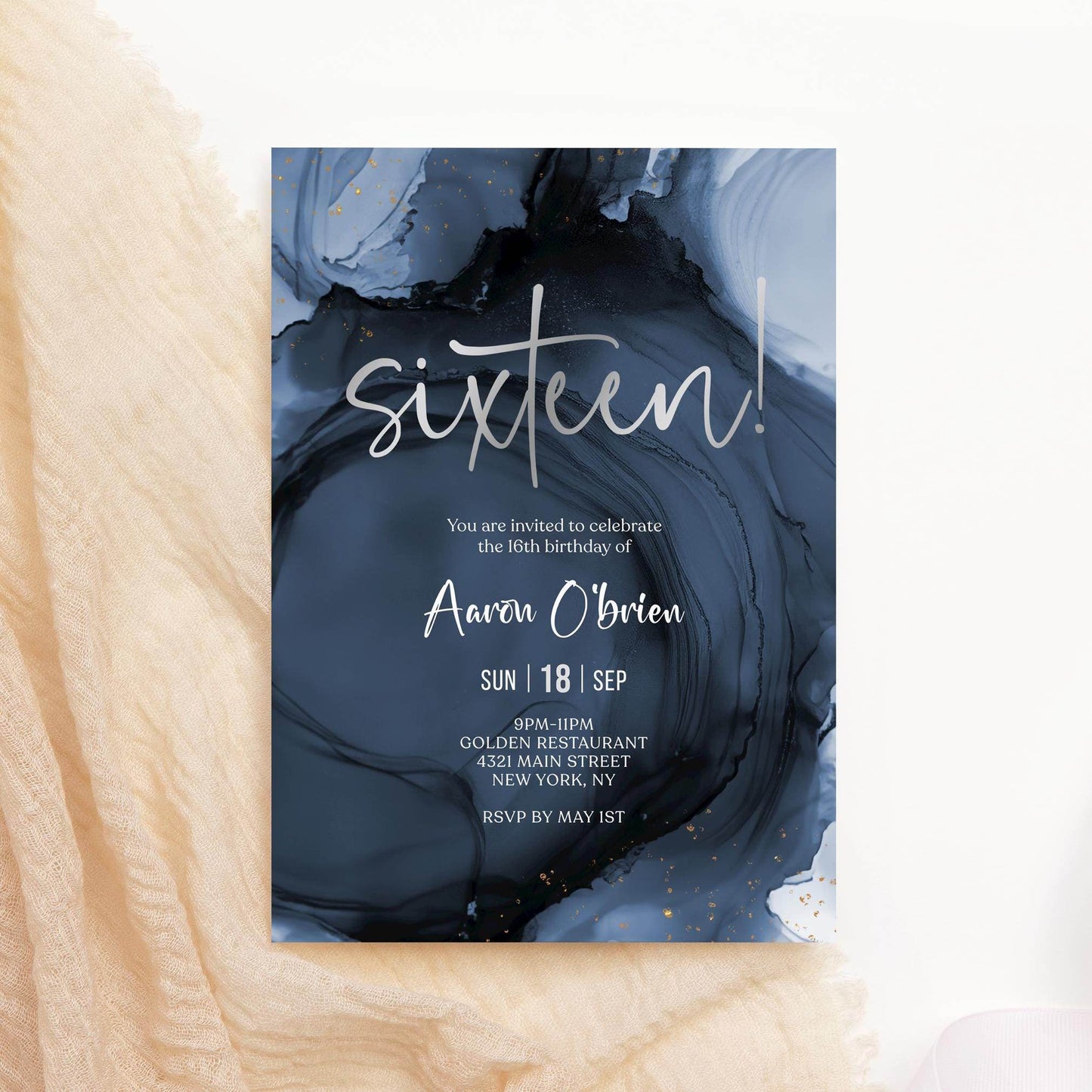 Blue Navy Silver 16th Sixteen Birthday Invitation Template, Printable Boy Birthday Party Invite, Editable Surprise Invite, Digital Download