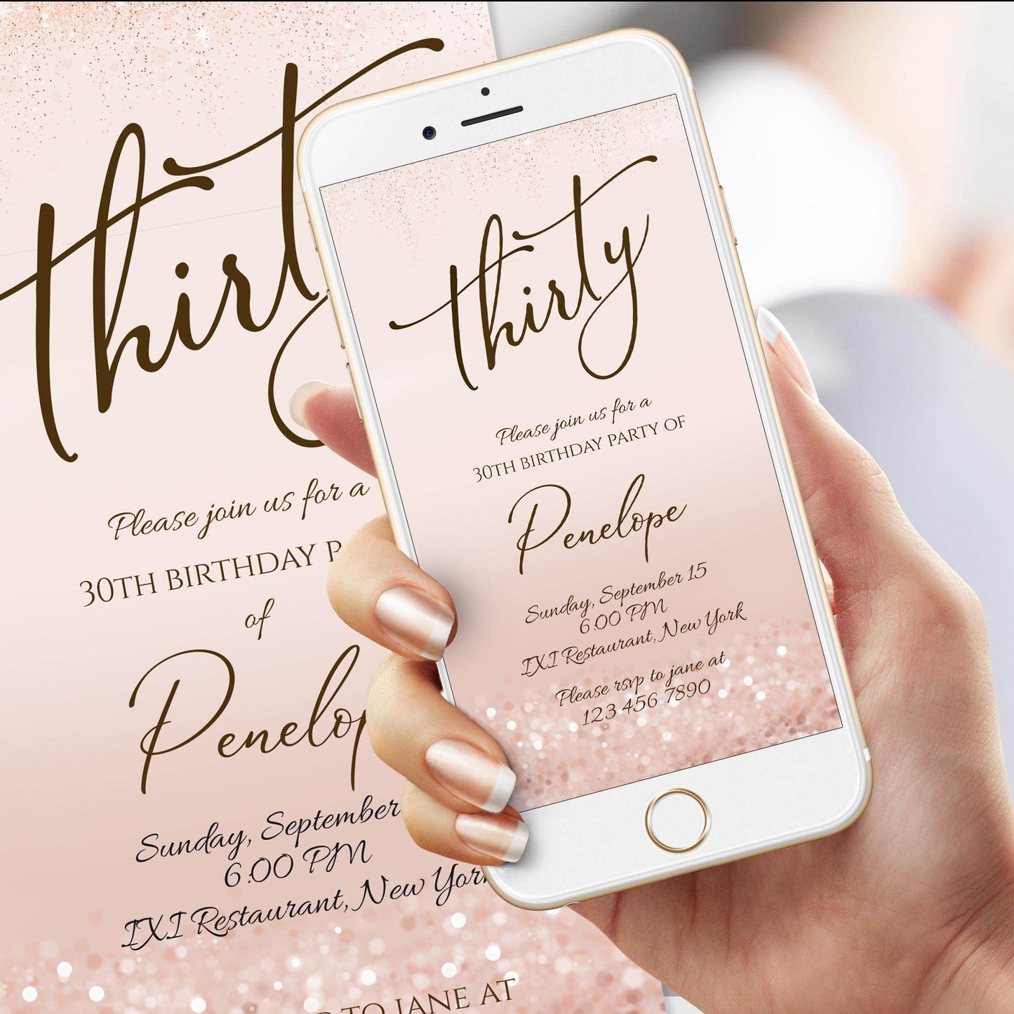 30th Birthday Invitation Template | Rose Gold Digital Invite | Editable Pink Text Message Evite | Electronic Thirty Birthday Phone Card | Instant Download