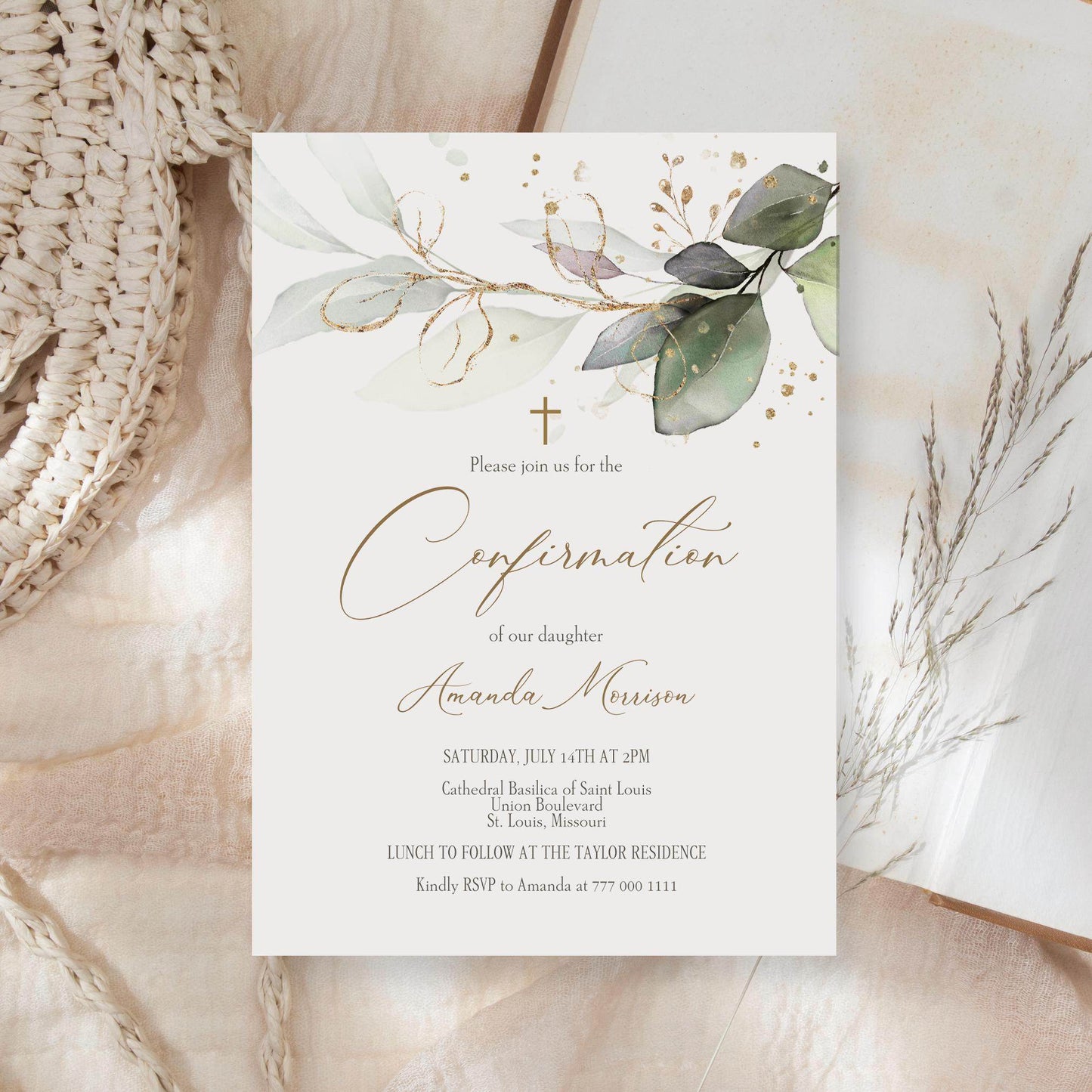 Printable Confirmation Invitation Template, Editable Greenery Eucalyptus Card, Baptism Invite for Boy or Girl, Digital Download, Text or Email