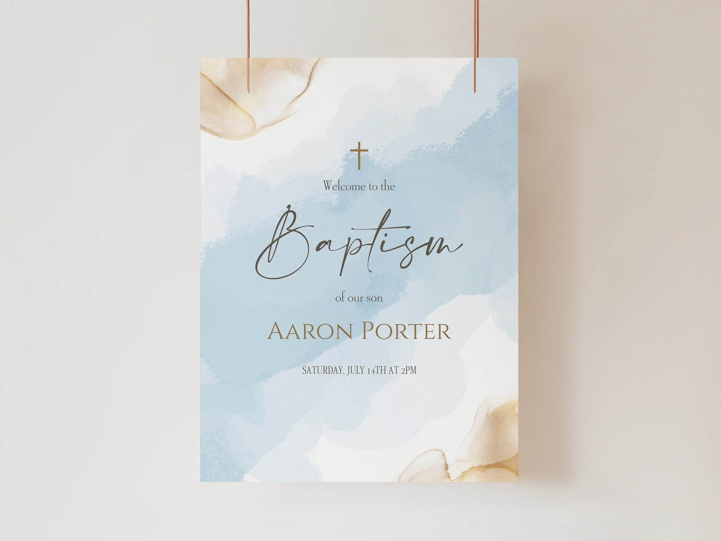 Boy Baptism Welcome Sign Printable, Blue Gold Christening Sign, Editable Watercolor Poster Template, Digital Download, Baby Welcome Board
