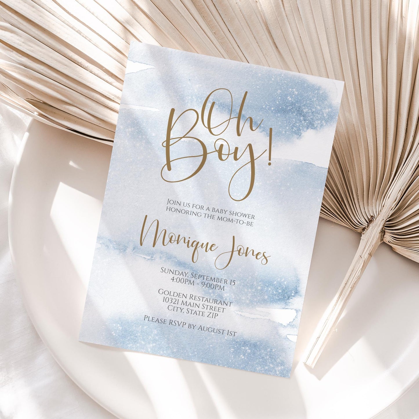 Printable Oh Boy Baby Shower Invitation Template, Boy Baby Shower Invites Blue Watercolor, Editable Invitation, Modern Baby Shower Invite