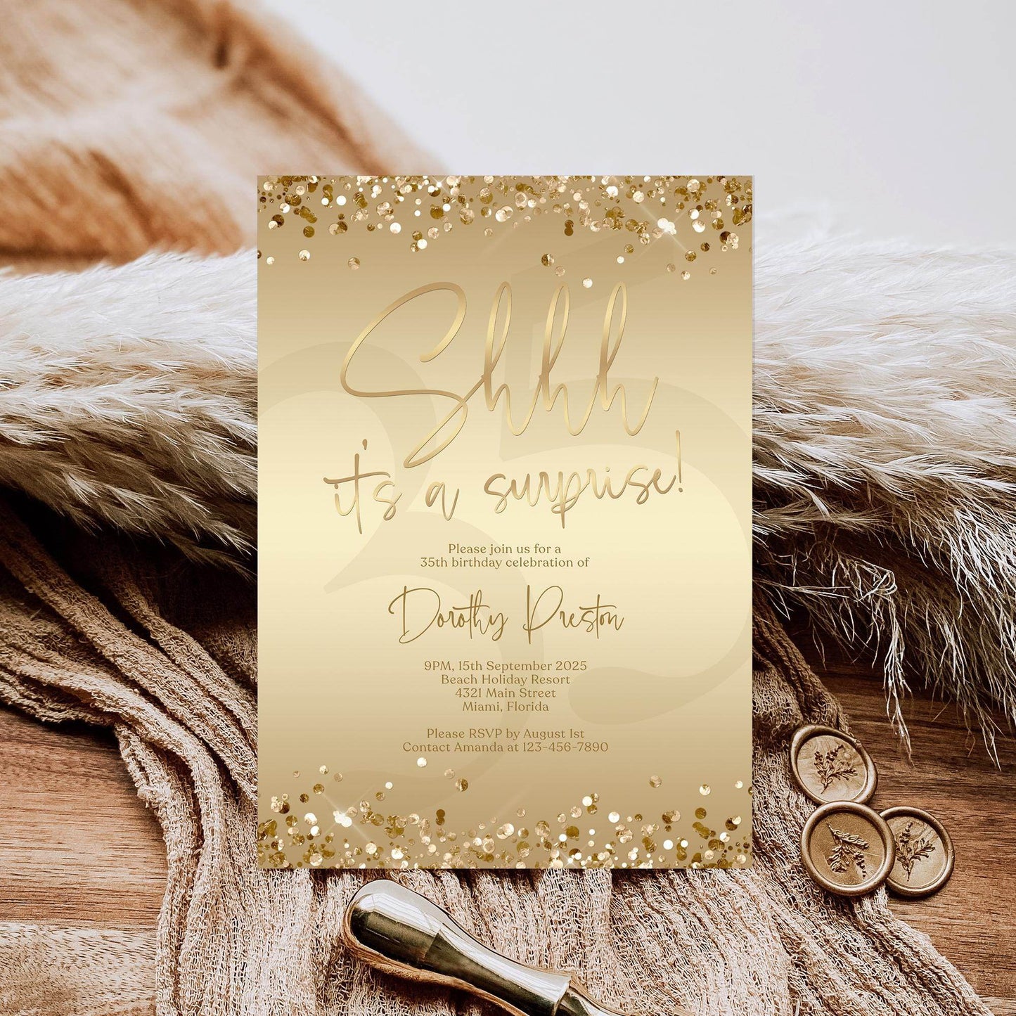 Surprise Party Invitation Template | Editable Gold Foil Birthday Invite | Shhh It’s a Surprise Card | Any Age Printable Evite | Text or Email