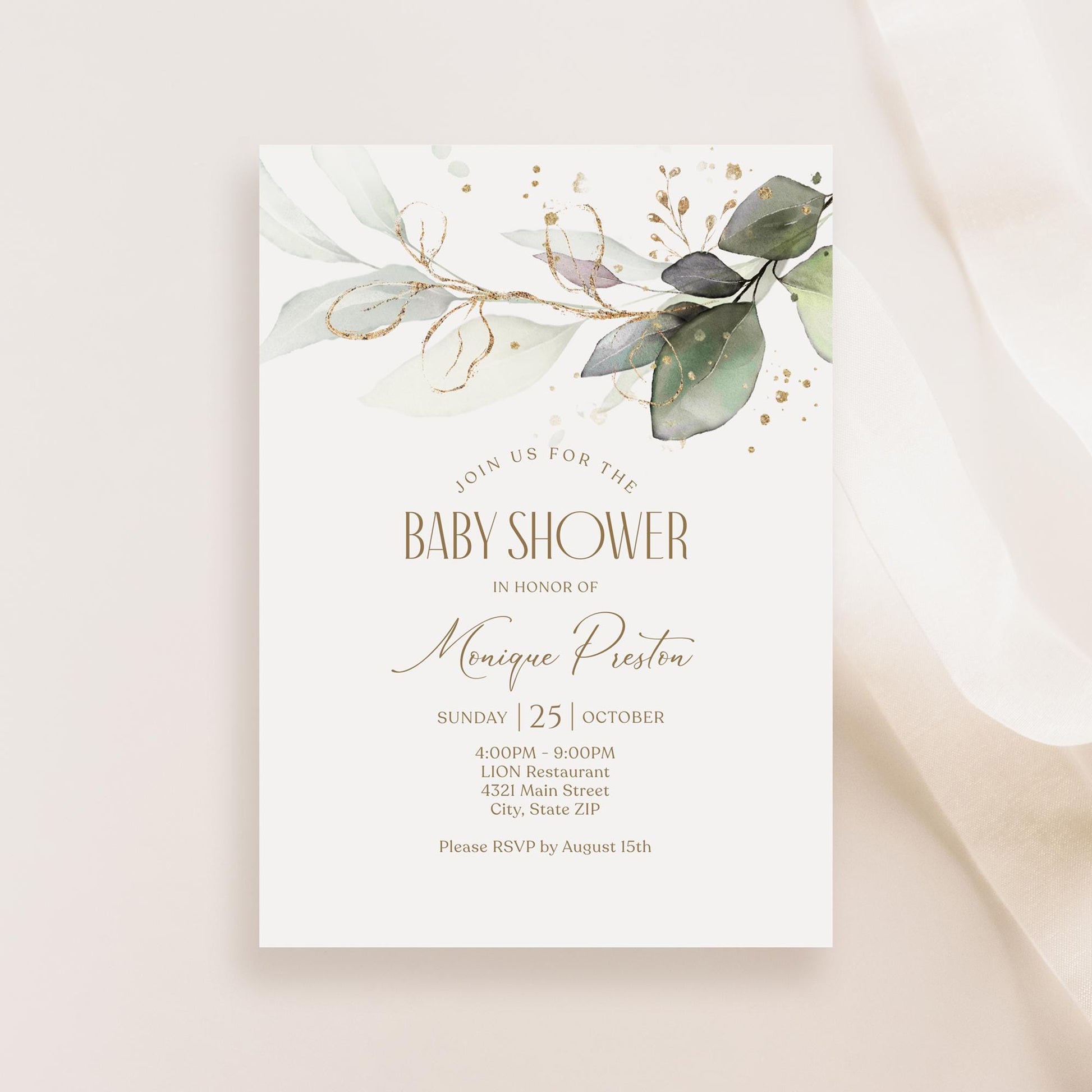 Editable Baby Shower Invitation Card Template, Greenery Boy Girl Baby Shower Invite, Printable Greenery Gold Leaves Baby Brunch Email Evite