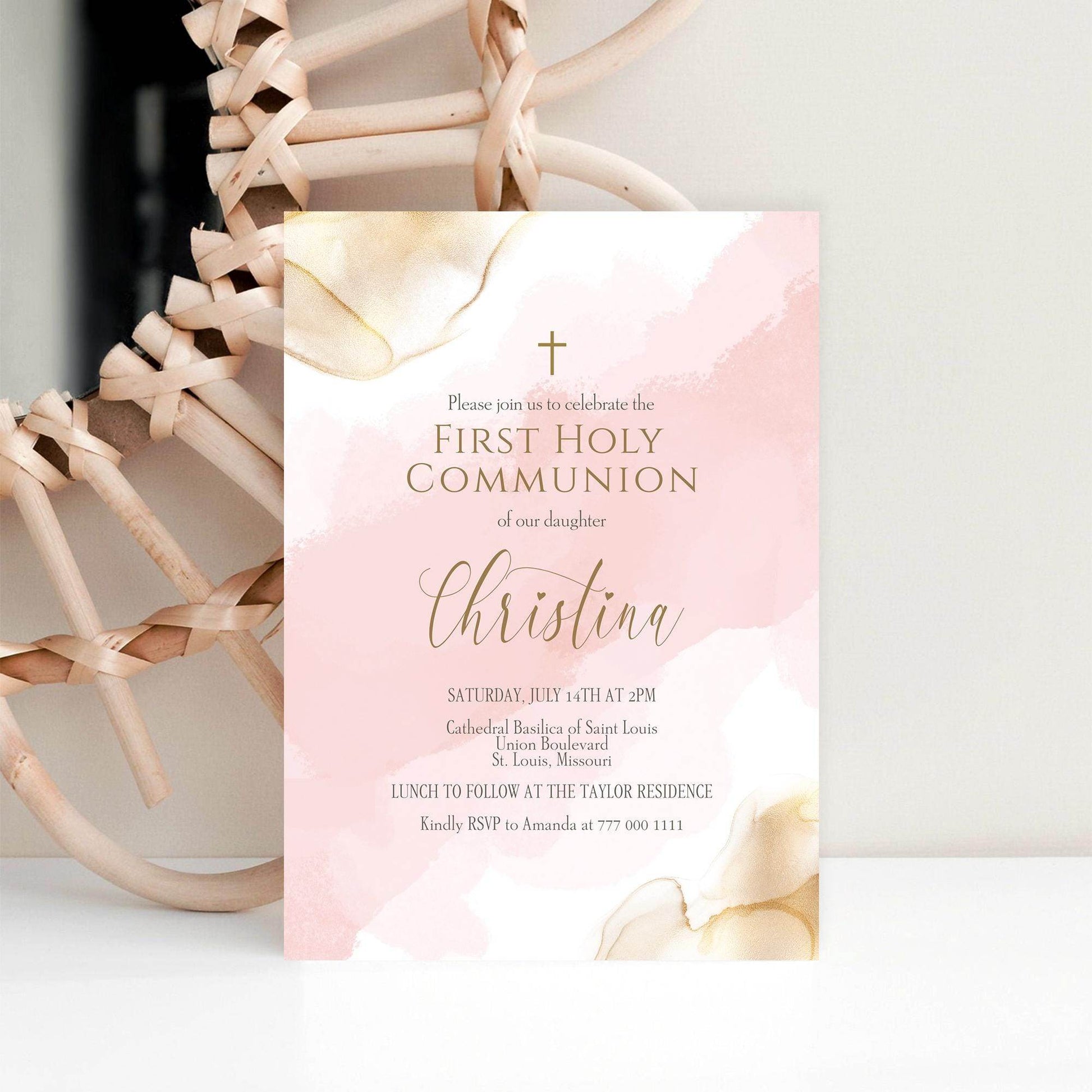 Girl First Communion Invitation Template, Printable Pink Gold Watercolor First Holy Communion Invite, Editable Card, Digital Text Evite Download