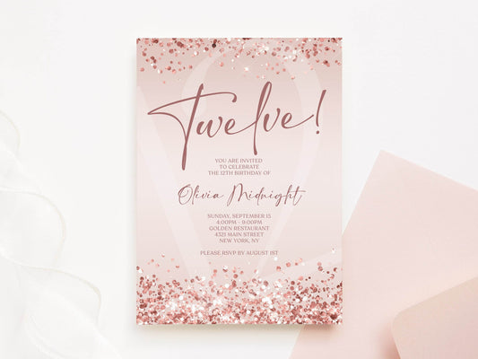 Editable 12th Birthday Invitation Template, Printable Rose Gold Confetti Girl Invite, Digital Text Message Evite, Instant Download