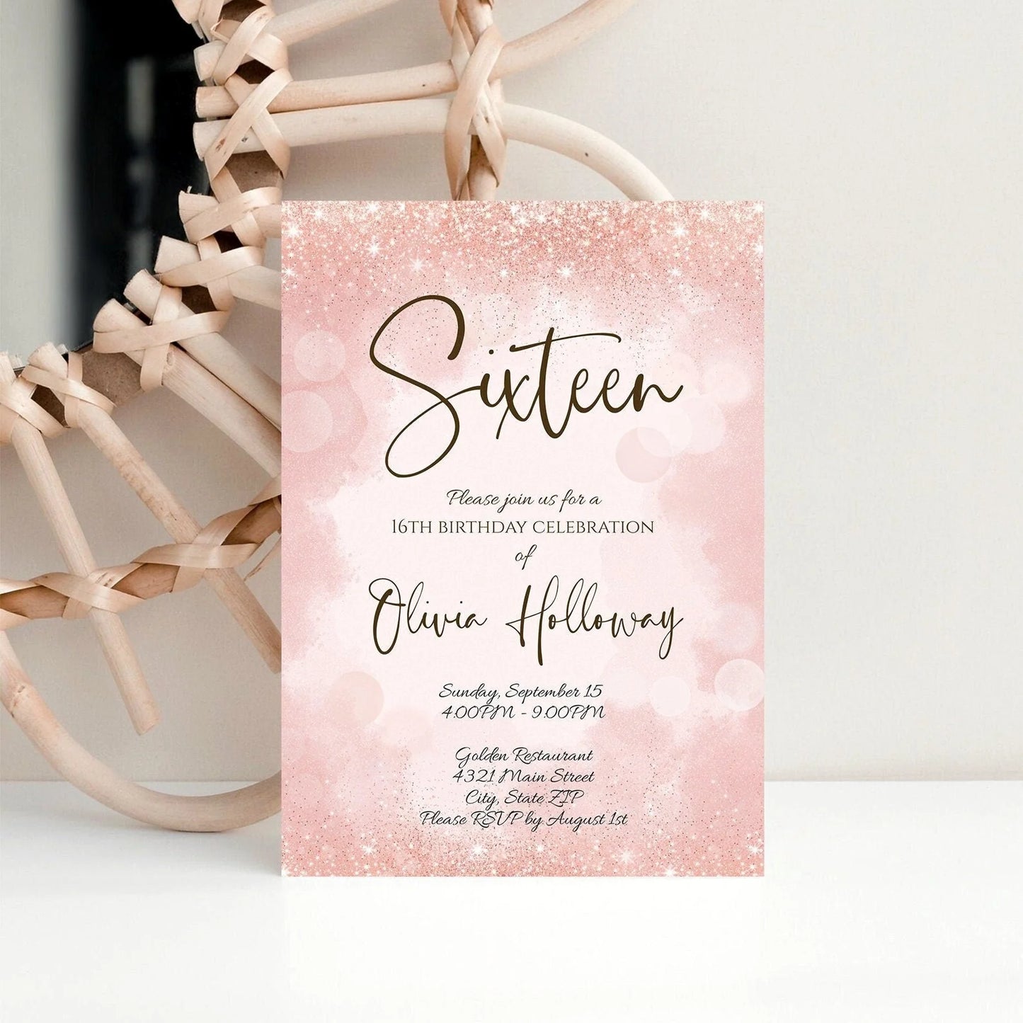 Luxury 16th Rose Gold Glitter Editable Sixteen Birthday Invitation Template, Printable Invite, Text Digital Invitation, 5x7 Instant Download