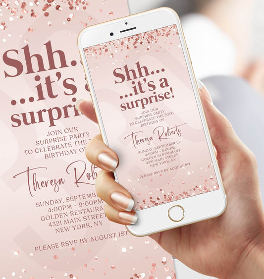 Digital Pink Shhh It’s a Surprise Birthday Invitation, Editable 30th Birthday Text Message Evite, Any Age Electronic Invite, Instant Download