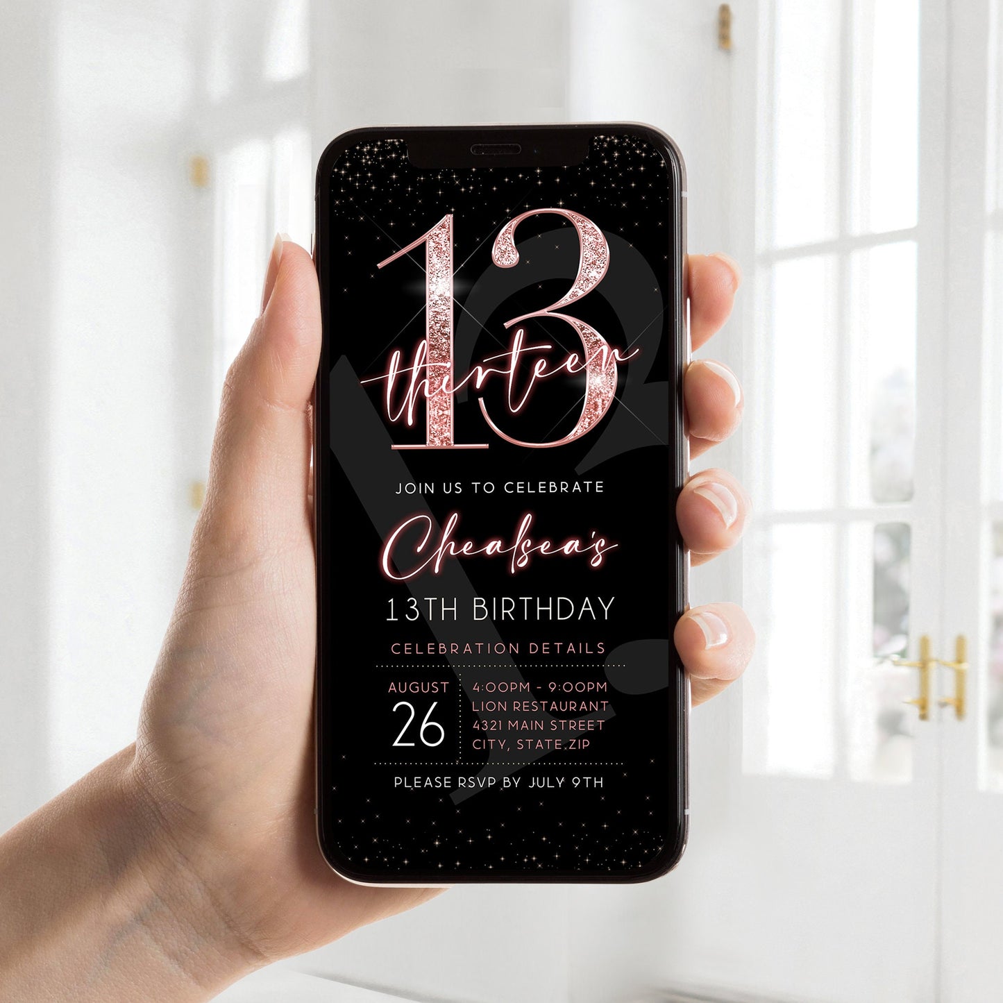 Digital 13th Thirteen Girl Birthday Electronic Invitation, Editable Invite, Text Message Evite, Custom Mobile Invitation, Digital Template