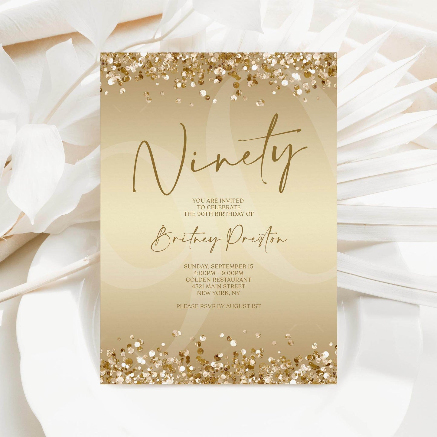 Gold Ninety 90th Invitation Template Printable, Editable Gold Confetti 90th Birthday Invite, Email Text Message, Ladies Surprise Party Card