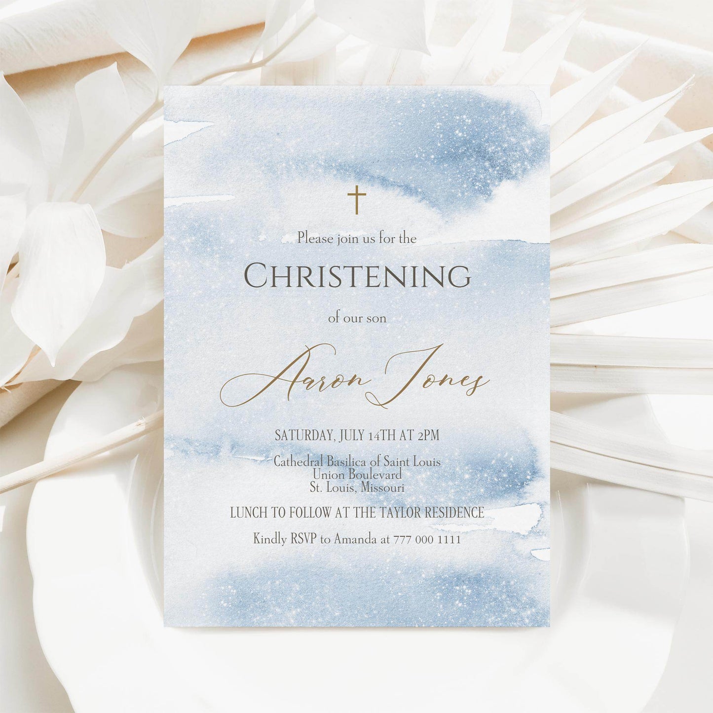Boy Christening Invitation Template Printable – Blue Watercolor Baptism Invite – Editable Baby Boy Christening Card – Instant Download Digital Invite