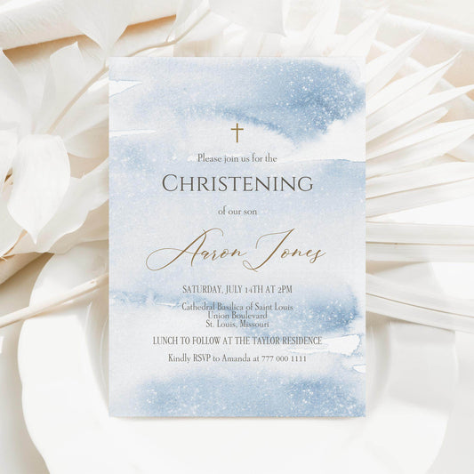 Boy Christening Invitation Template Printable – Blue Watercolor Baptism Invite – Editable Baby Boy Christening Card – Instant Download Digital Invite