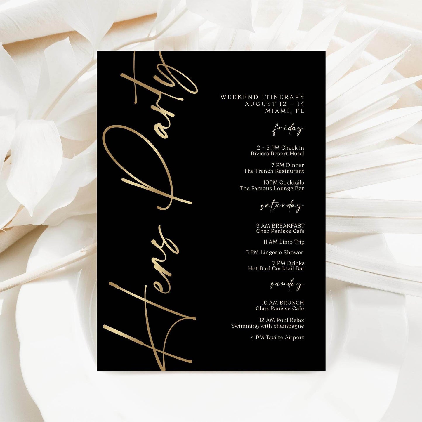 Editable Black Gold Hens Party Weekend Itinerary Template – Printable Bachelorette Weekend Schedule | Digital Event Planner | Instant Download
