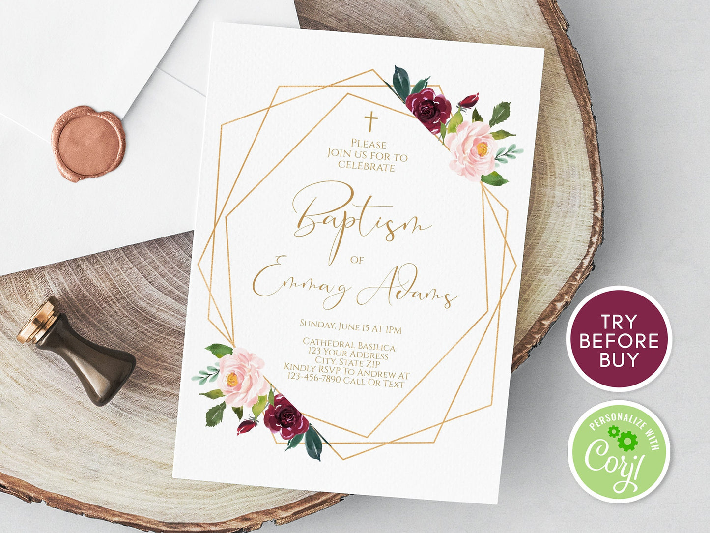 Baptism Invitation Template, Blush Floral Geometric, Fully Editable Instant Download, Christening Printable Invite, Digital DIY Template
