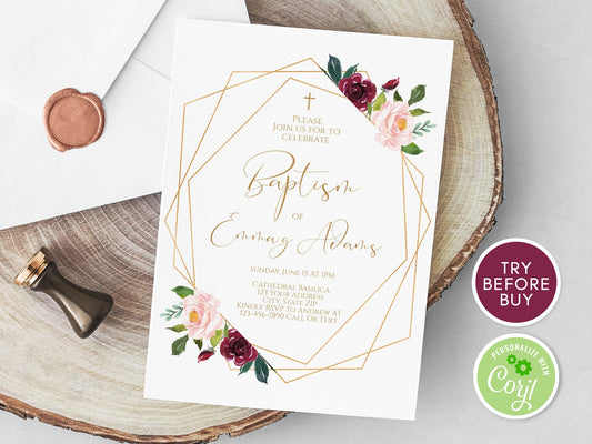 Baptism Invitation Template, Blush Floral Geometric, Fully Editable Instant Download, Christening Printable Invite, Digital DIY Template